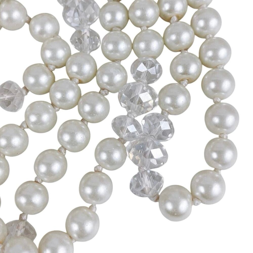 Vintage Glass Pearl & Crystal Bead Necklace, 60" Long, Layered Look, 1980s